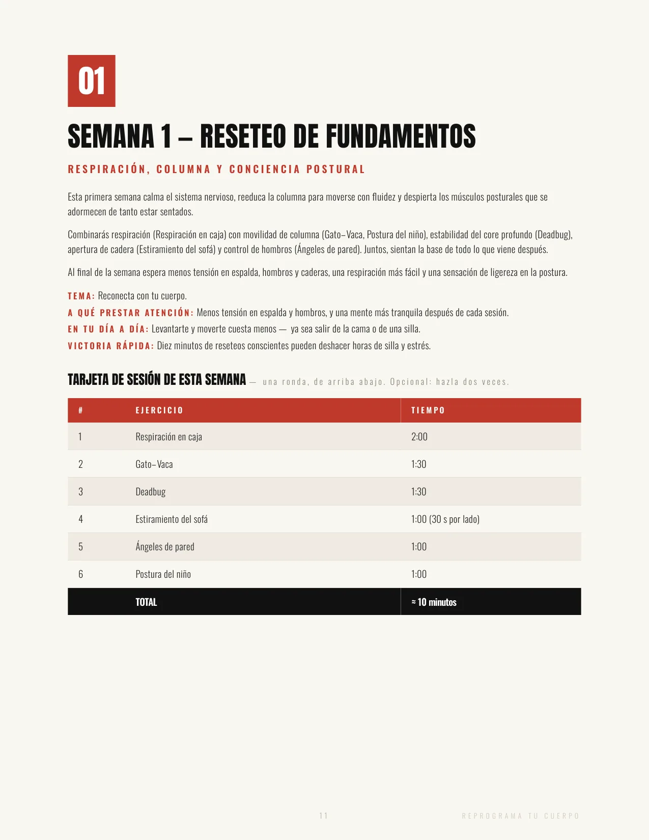 Tarjeta de sesión de la semana 1 de Reprograma tu cuerpo